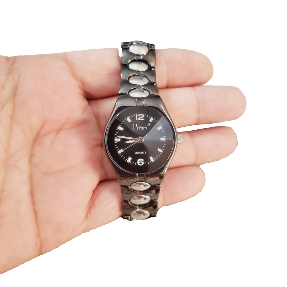 Vivani Women Watch Dial Silver Tone Bangle Cuff New Battery Black Link Band